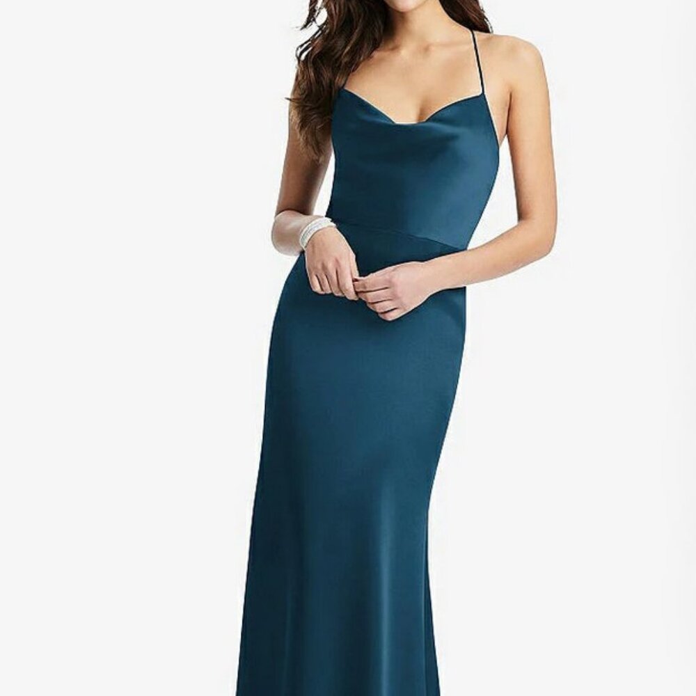 Dessy 3056....Cowl-Neck Criss Cross Back Slip Dress....Atlantic Blue...Sz 8 L